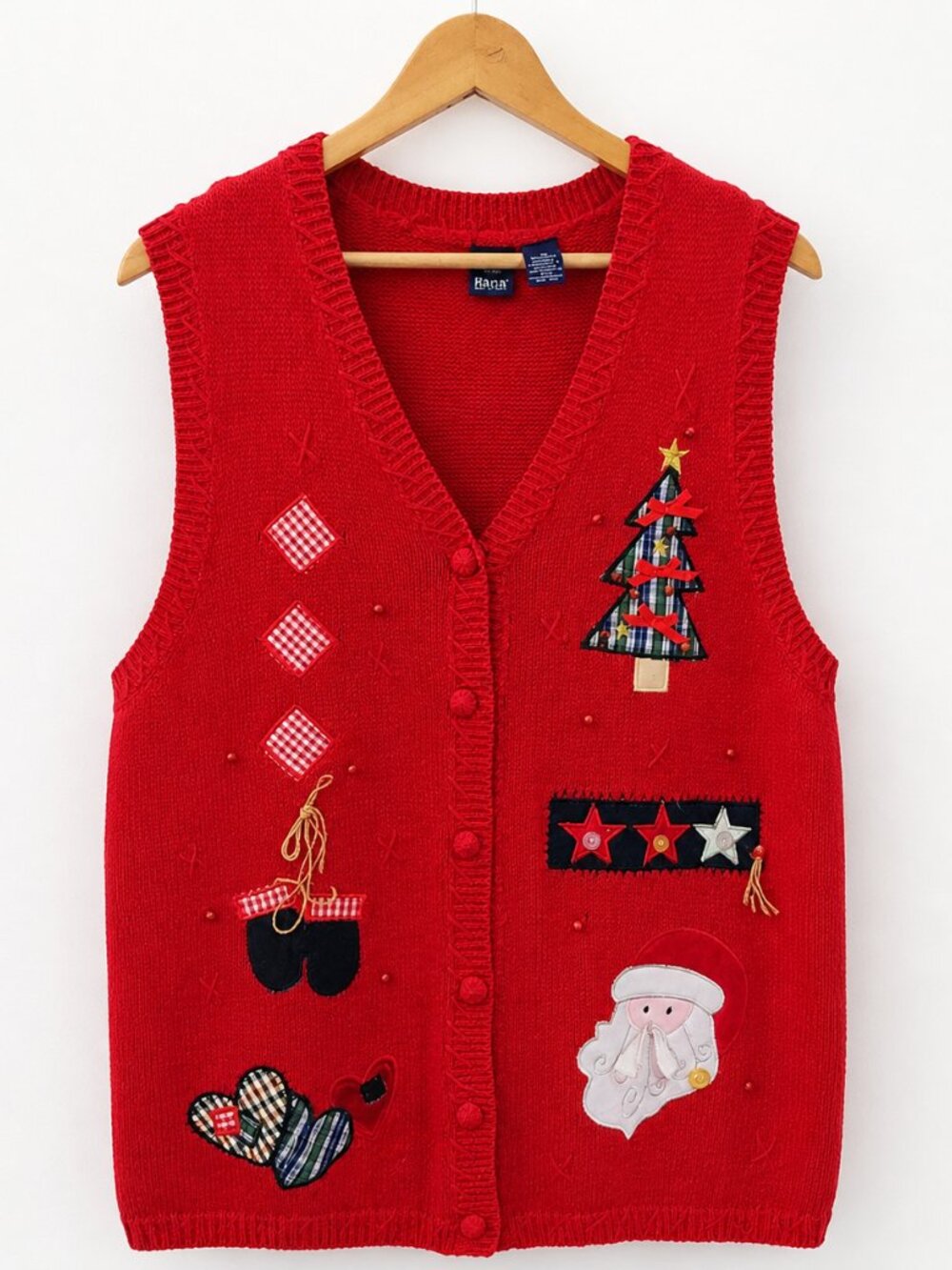Basic Editions Red Christmas Sweater Vest Patchwork and Embroidered Plus Size 1X